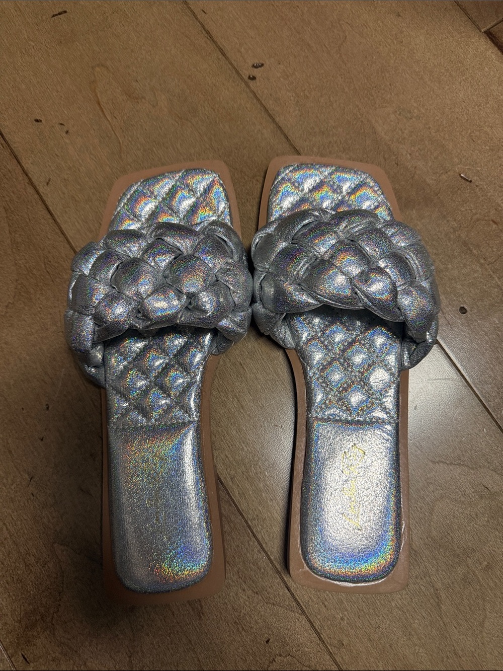 Silver Holographic Braided Slide Sandals - Women's